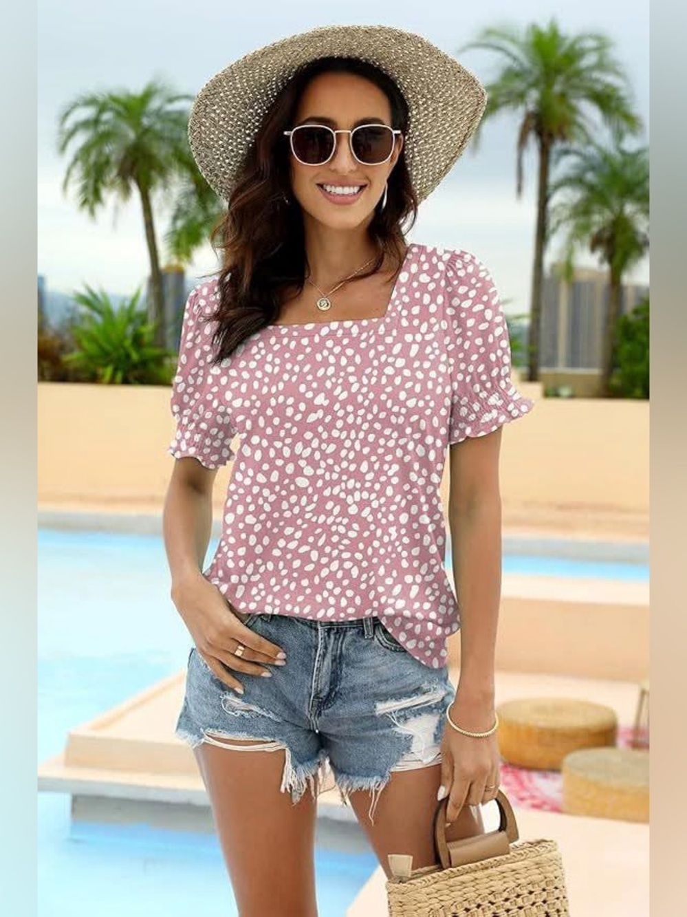 Women’s Mauve Pink Square-Neck Short Sleeve Top - Polka Dot